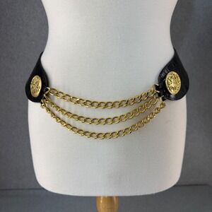 Leather Shop Black Belt Gold Chain Accent Crocodile Embossed Womens 34" NWT